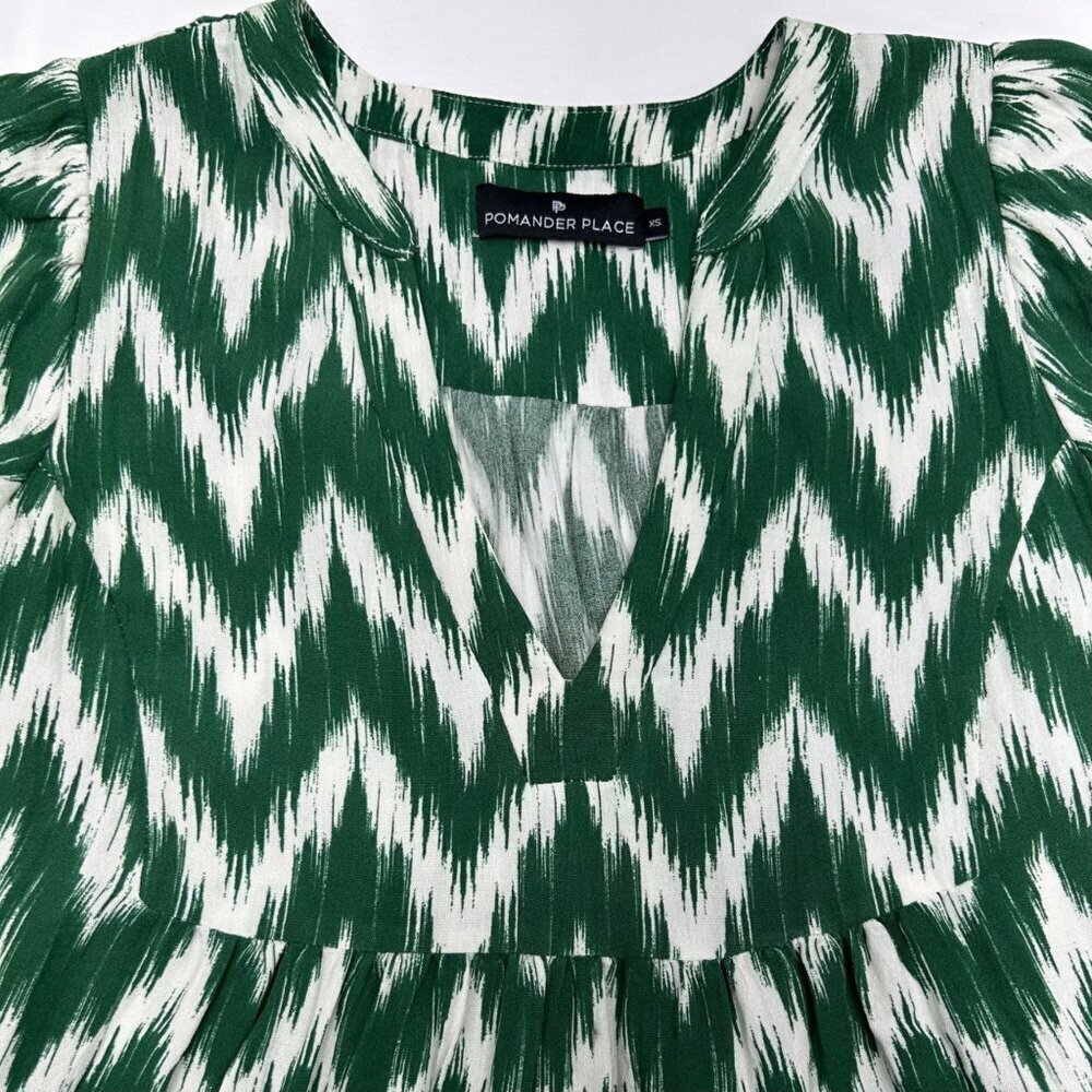 Pomander Place Ikat Kenzo Dress XS Green White Chevron Print Tiered V-Neck Ruffl - Picture 11 of 15